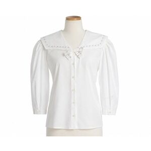 Vintage Cullinane White Cotton Sailor Collar Blouse Bow Puff Sleeve Cottagecore